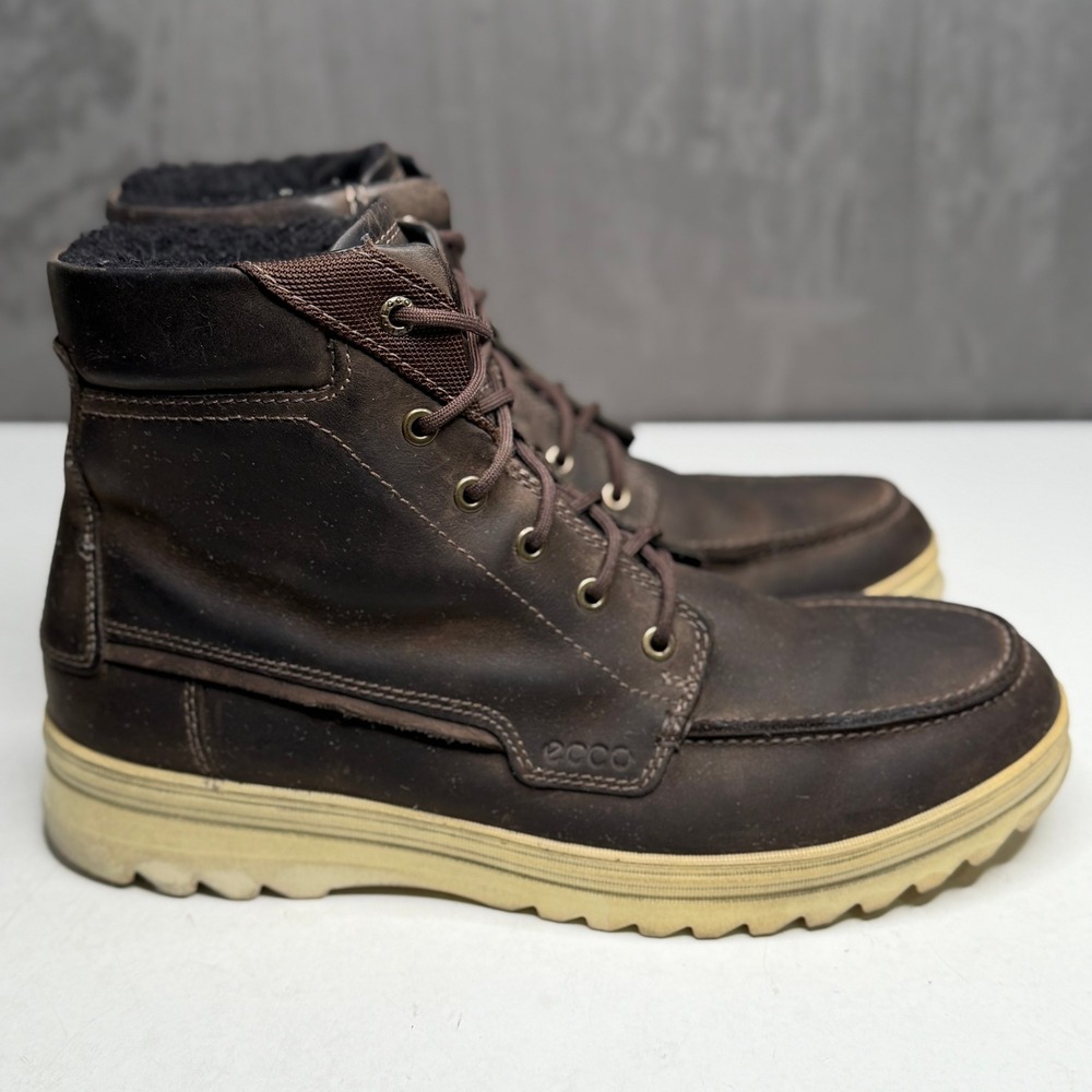 ECCO Boots Mens 44 Dark Brown Leather Moc Toe Shearling Lined Lace Up Rugged